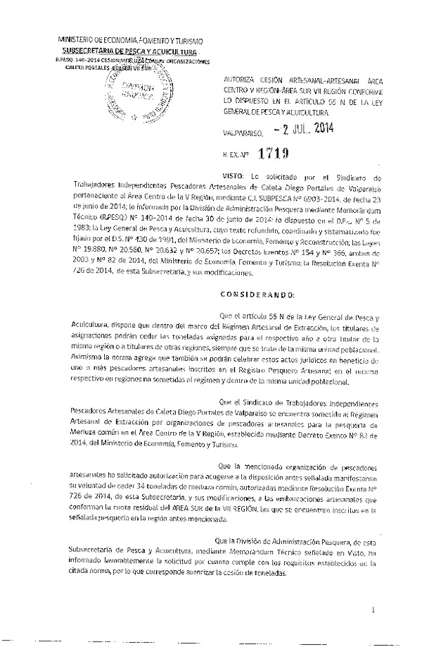 R EX N° 1719-2014 Autoriza Cesión Merluza común, V a VII Región.