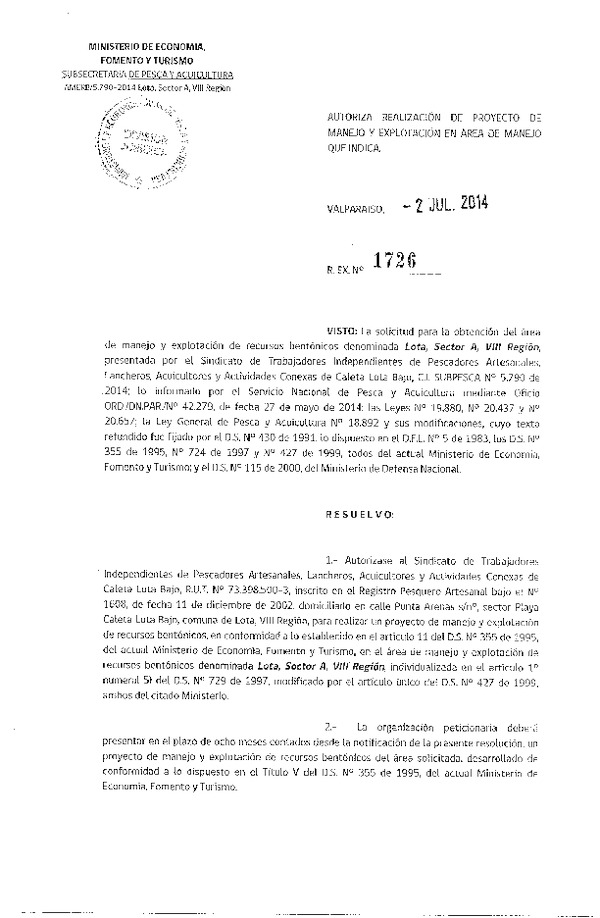 R EX N° 1726-2014 PROYECTO DE MANEJO.