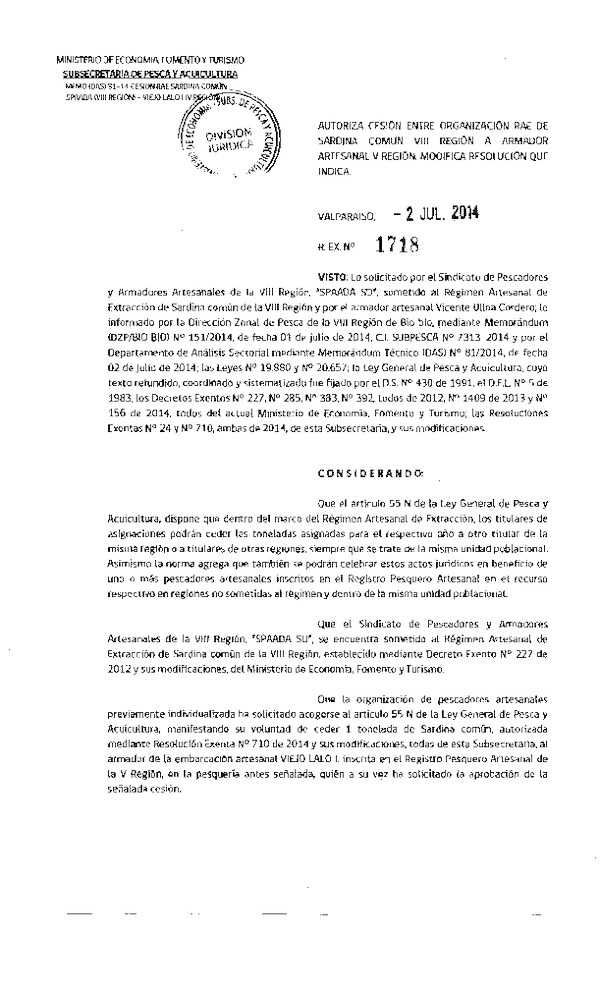 R EX N° 1718-2014 Autoriza Cesión Sardina común, VIII a V Región.