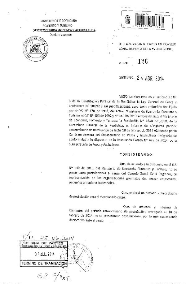D.S. N° 126-2014 Declara Vacante Cargo en Consejo Zonal de Pesca de la XV-II Región. (F.D.O. 08-07-2014)