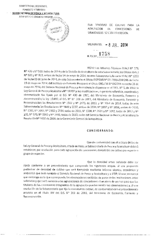 R EX N° 1758-2014 Fija Densidad de Cultivo para la Agrupación de Concesiones de Salmónidos 12 C, en la X Región. (Publicada en Pag. Web. 09-07-2014)