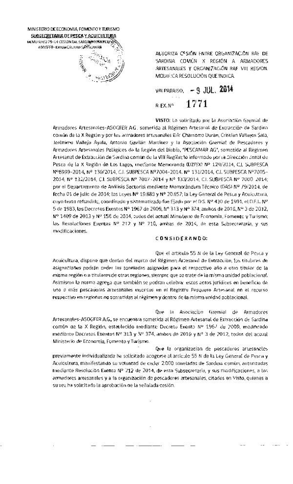 R EX N° 1771-2014 Autoriza Cesión Sardina común, X a VIII Región.