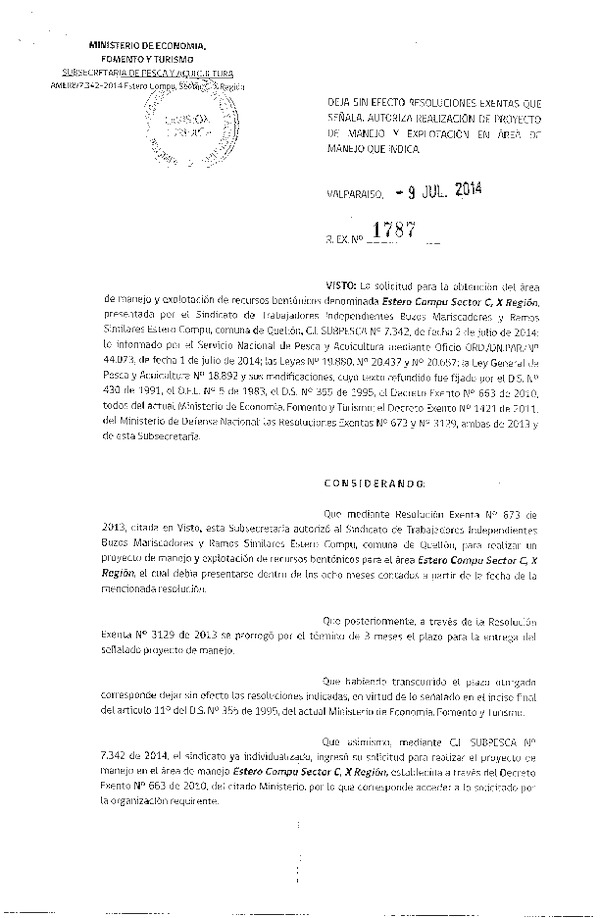 R EX N° 1787-2014 DEJA SIN EFECTO RESOLUCIONES. AUTORIZA PROYECTO DE MANEJO.