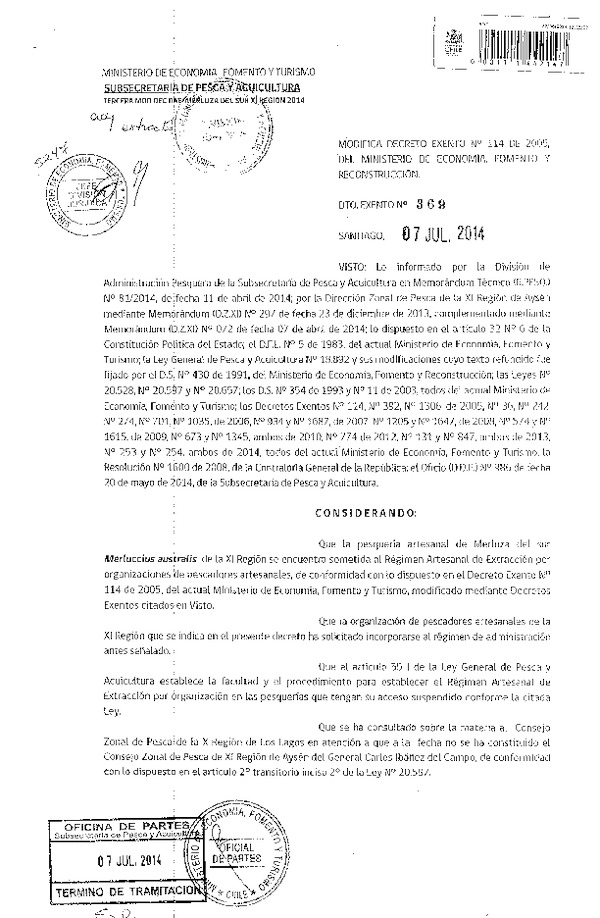 D EX N° 369-2014 Modifica D EX N° 114-2005 Régimen Artesanal de Extracción Merluza del Sur, XI Región. (F.D.O. 12-07-2014)