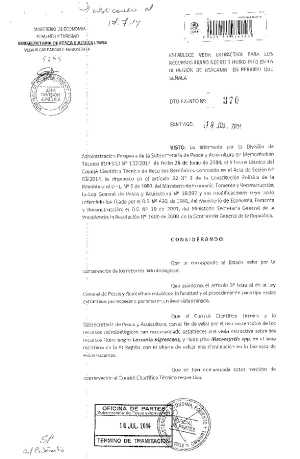 D EX Nº 370-2014 Establece veda extractiva recursos Huiro negro y Huiro pito, en la III Región. (F.D.O. 17-07-2014)