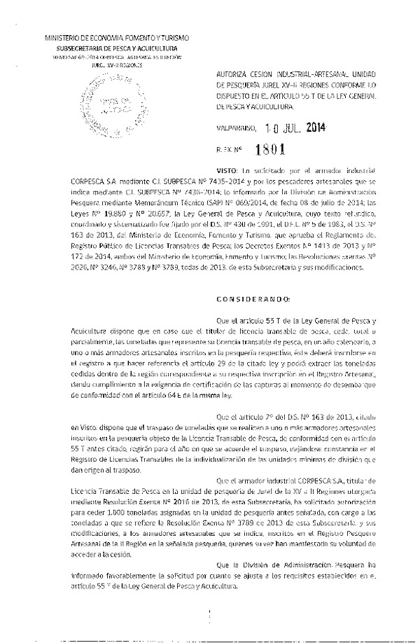 R EX Nº 1801-2014 Autoriza Cesión Recurso Jurel, XV-II Región.