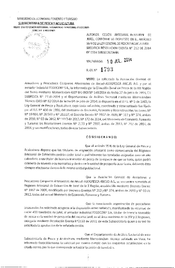 R EX N° 1793-2014 Autoriza Cesión Recurso jurel, XIV a X Región.