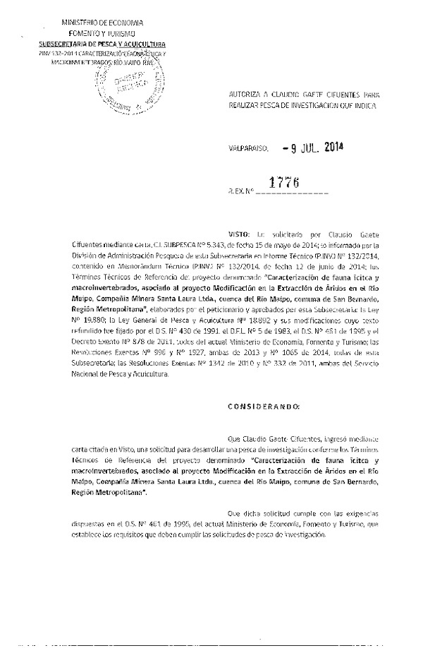 R EX N° 1776-2014 Caracterización de fauna íctica y macroinvertebrados Río Maipo, Región Metropolitana.