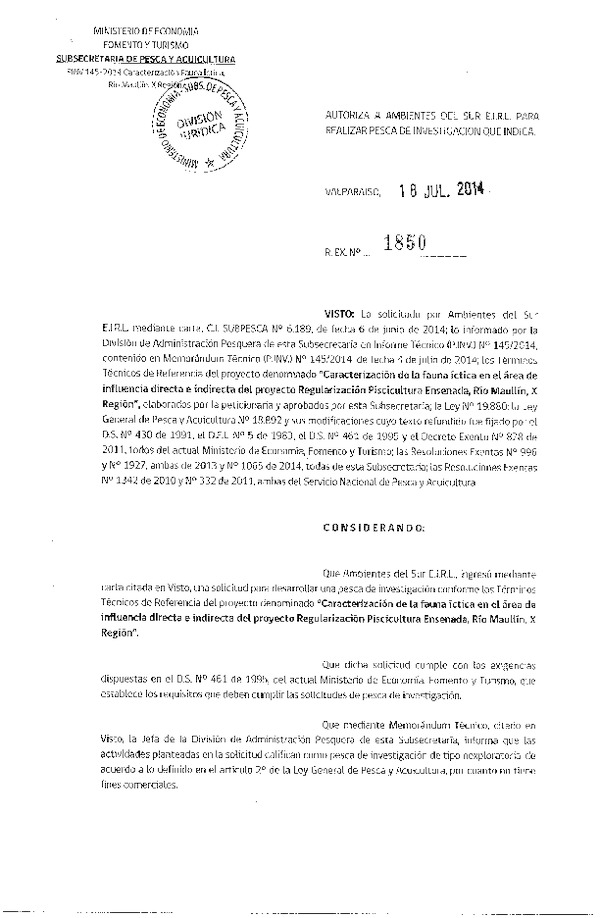 R EX N° 1850-2014 Caracterización de la fauna íctica en el área de influencia directa e indirecta Regularización Piscicultura, Río Maullín, X Región.