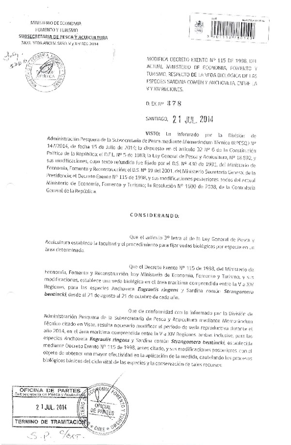 D EX Nº 378-2014 Modifica D.EX Nº 115-1998 Veda Biológica Anchoveta y Sardina común V-XIV Región. (F.D.O. 24-07-2014)