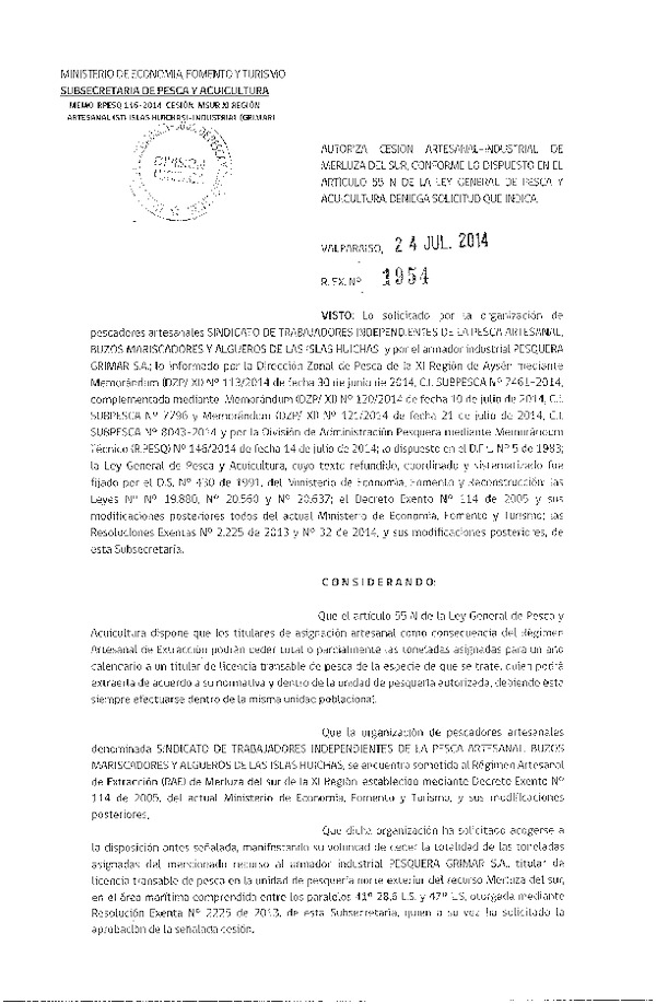 R EX N° 1954-2014 Autoriza Cesión Recurso Merluza del sur, X-XI Región.