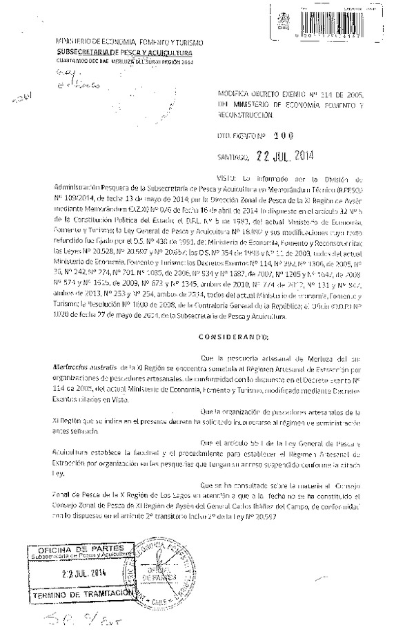 D EX N° 400-2014 Modifica D EX N° 114-2005 Régimen Artesanal de Extracción Merluza del Sur, XI Región. (F.D.O. 267-2014)