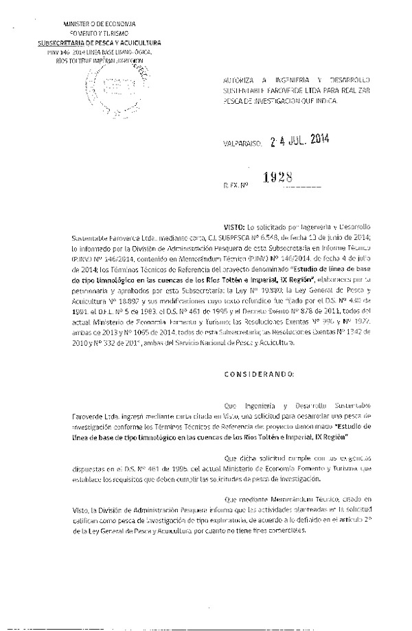 R EX N° 1928-2014 Estudio de línea base de tipo limnológico cuencas de los Ríos Toltén e Imperial, IX Región.
