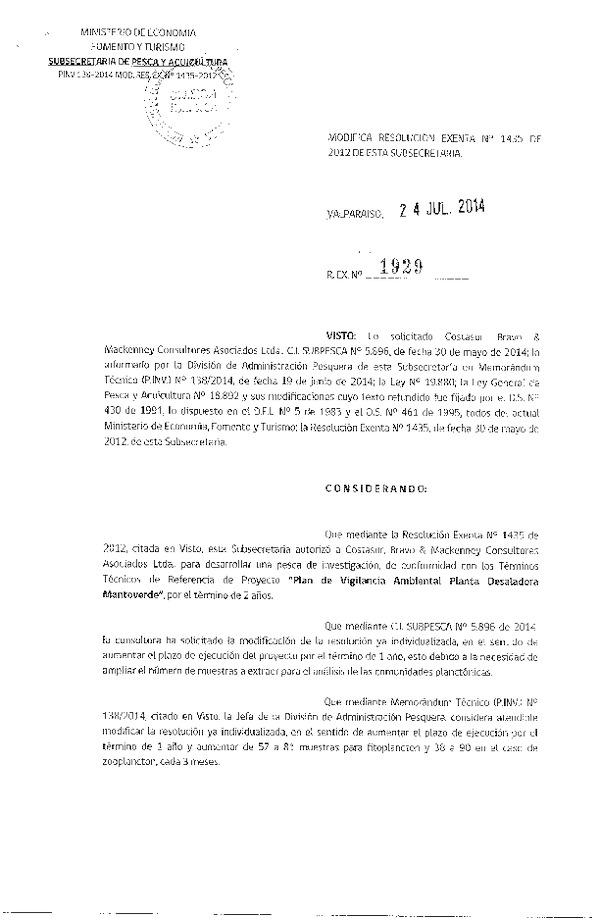 R EX N° 1929-2014 Modifica R EX N° 1435-2012, Plan de vigilancia ambiental Planta Desaladora Mantoverde.