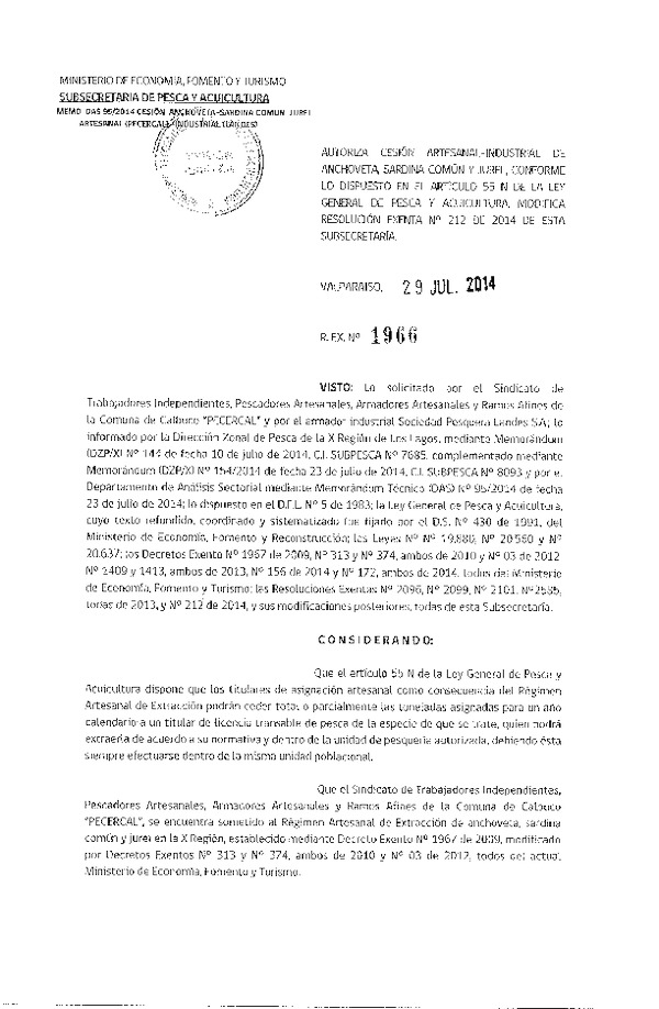 R EX N° 1966-2014 Autoriza Cesión Anchoveta, sardina común y jurel.