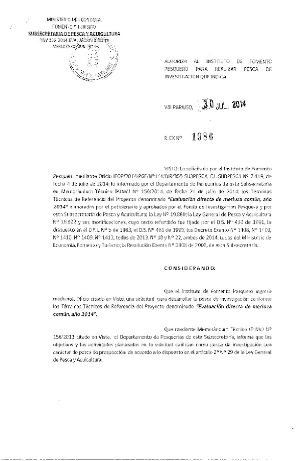 R EX N° 1986-2014 Autoriza Pesca Merluza comun, año 2014, IV-X Región.