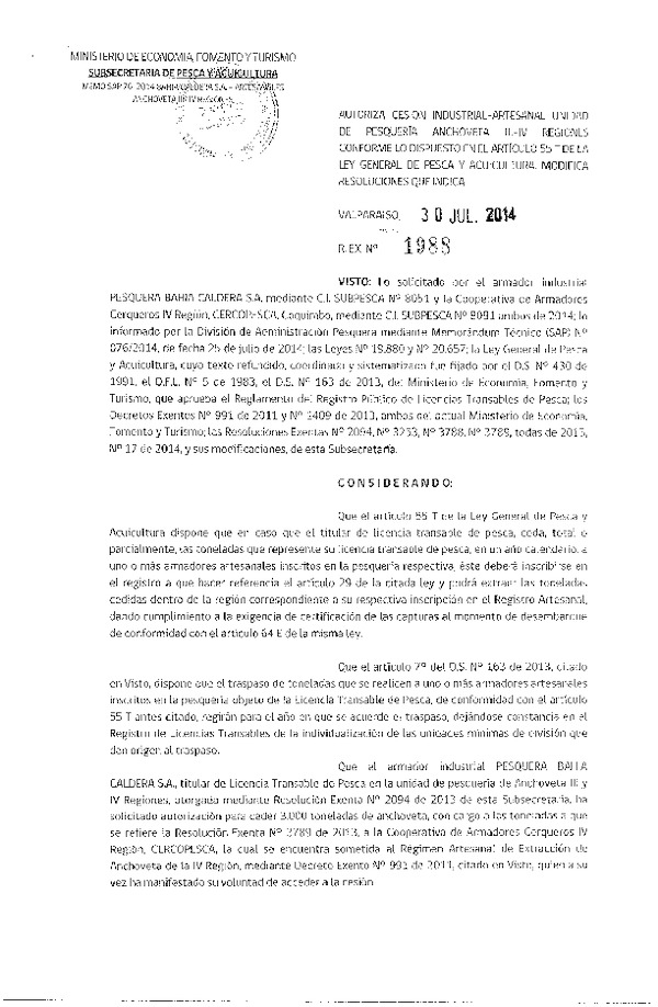 R EX N° 1988-2014 Autoriza Cesión recurso Anchoveta, III-IV Región.