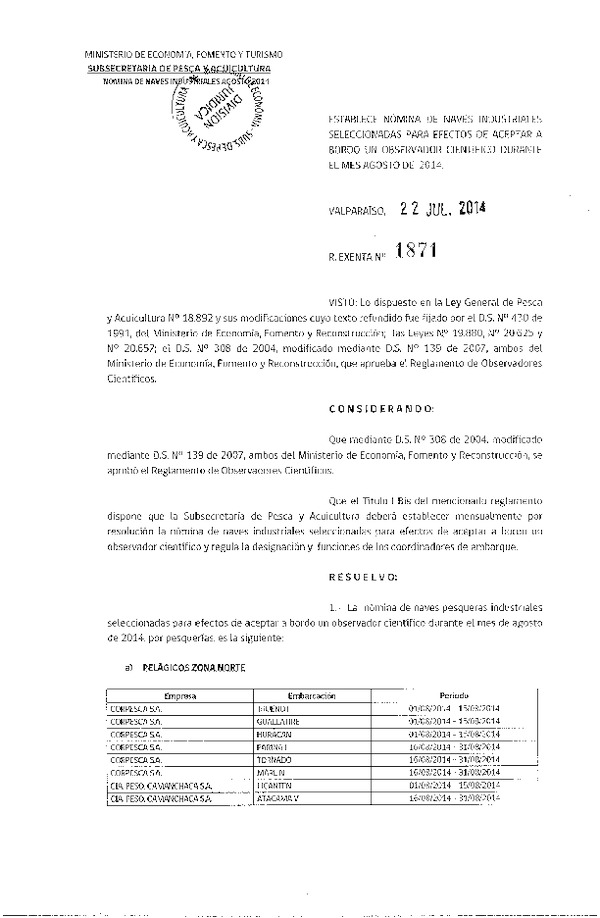 R EX Nº 1871-2014 NAVES MES DE AGOSTO DE 2014.