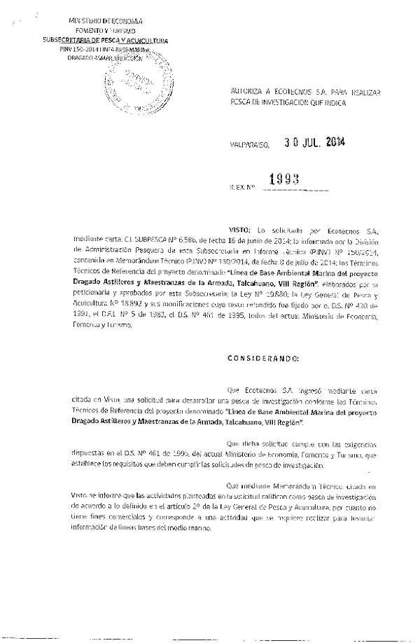 R EX N° 1993-2014 línea base ambiental marina proyecto Dragado Astilleros y Maestranzas de la Armada, Talcahuano, VIII Región.