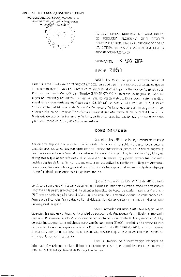 R EX N° 2051-2014 Autoriza Cesión recurso Anchoveta, XV-II Región.