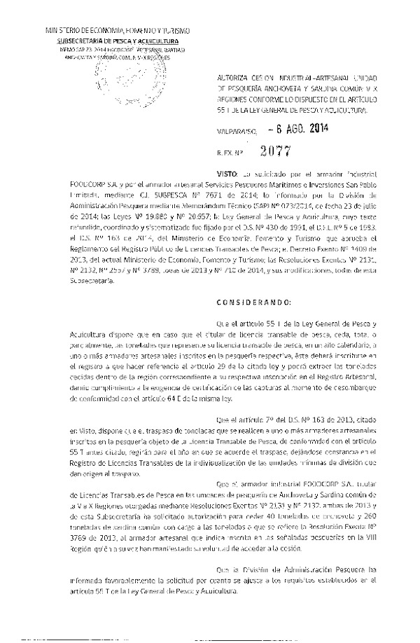 R EX N° 2077-2014 aqutoriza Cesión Anchoveta y Sardina común, V-X Región.