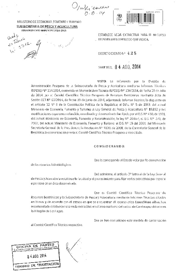 D EX N° 425-2014 Establece Veda extractiva para el recurso Erizo sector Carelmapu, X Región. (F.D.O. 08-08-2014)