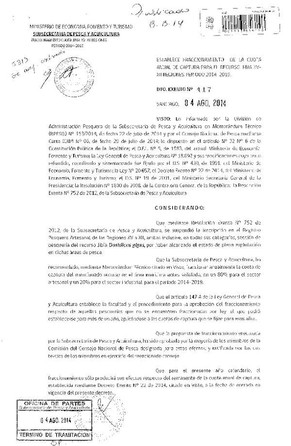 D EX 417-2014 Establece Fraccionamiento de la Cuota anual de captura para el recurso Jibia XV-XII Región, período 2014-2019. (F.D.O. 08-08-2014)
