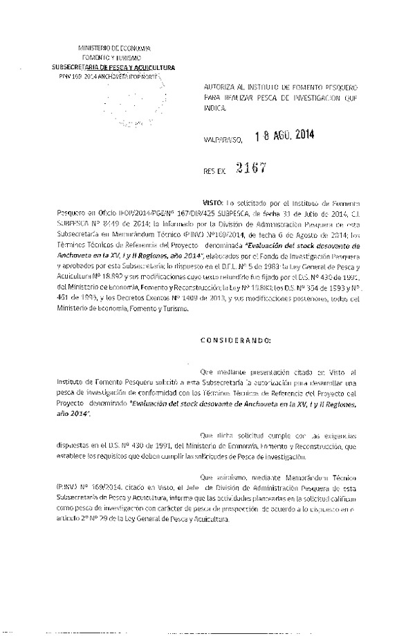 R EX N° 2167-2014 Evaluación del stock desovante de Anchoveta en la XV-II Región.