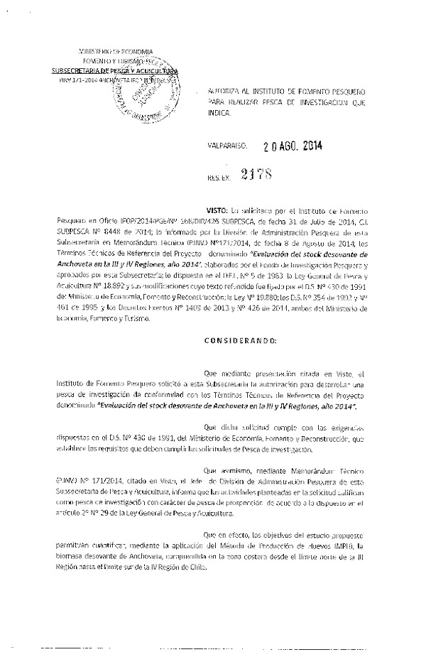R EX N° 2178-2014 Evaluación del stock desovante de Anchoveta en la III-IV Región.