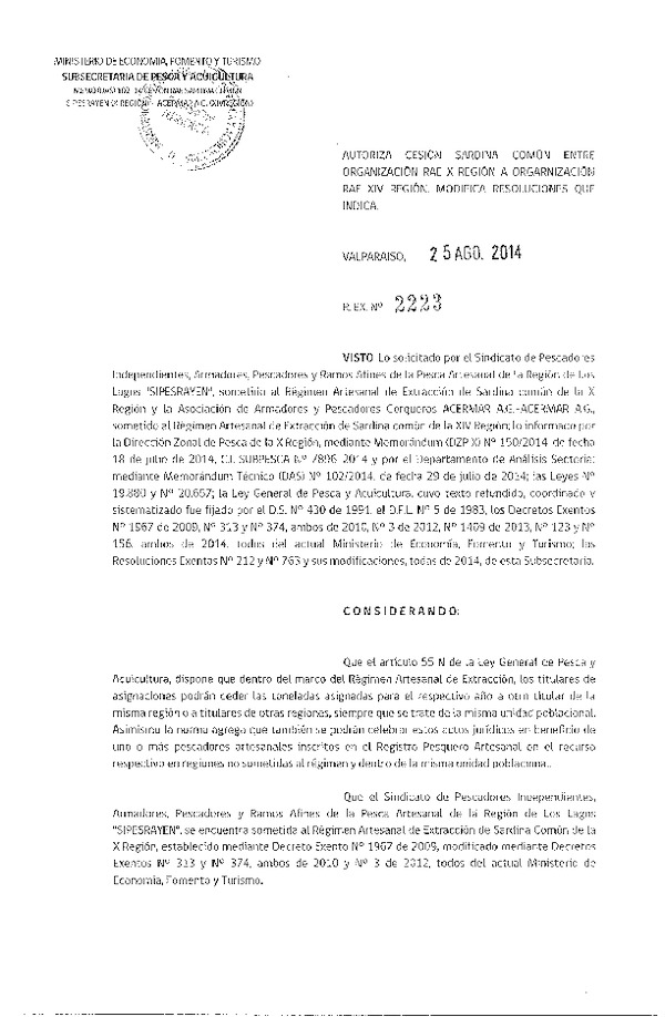 R EX N° 2223-2014 Autoriza Cesión Sardina común, X a XIV Región.