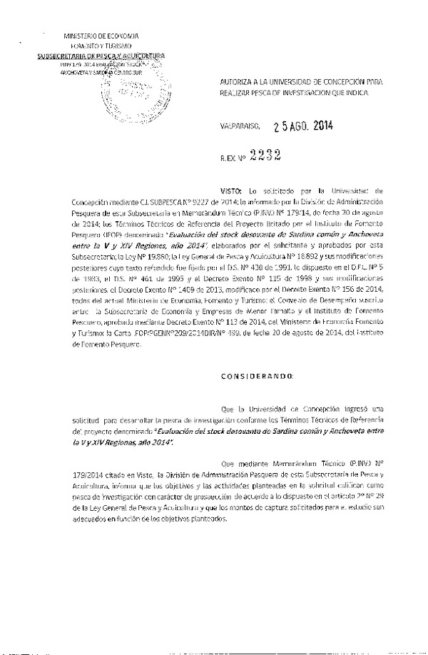 R EX N° 2232-2014 Evaluación del stock desovante de Sardina común y Anchoveta entre la V y XIV Región.
