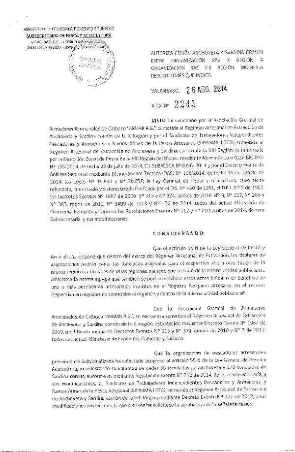 R EX N° 2245-2014 Autoriza Cesión Anchoveta y Sardina común X a VIII Región.