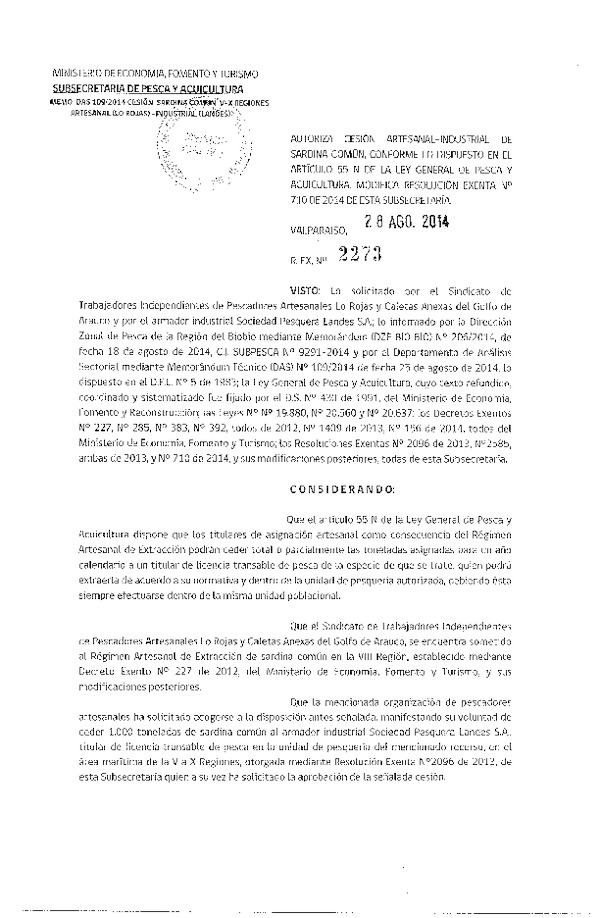 R EX N° 2273-2014 Autoriza Cesión Sardina común.