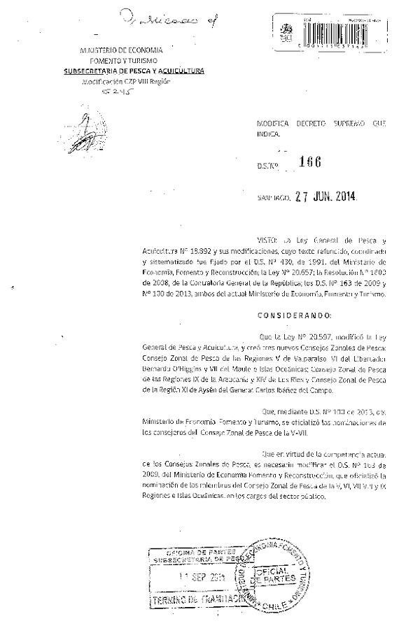 D.S. N° 166-2014 Modifica D.S. N° 163-2009, Consejo Zonal de Pesca de la VIII Región. (Publicado en Diario Oficial 17-09-2014)
