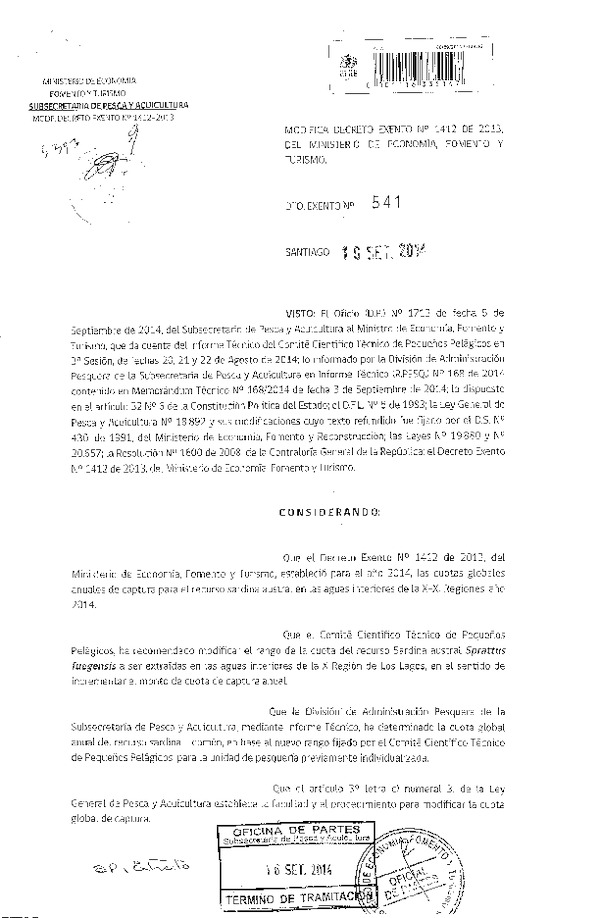D EX N° 541-2014 Modifica D EX Nº 1412-2013 Establece cuota de captura de sardina austral X-XI (Publicado en Diario Oficial 25-09-2014)