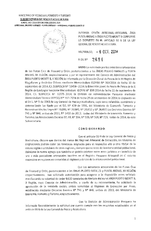 R EX N° 2614-2014 Autoriza Cesión recurso Merluza del sur XII a X Región.