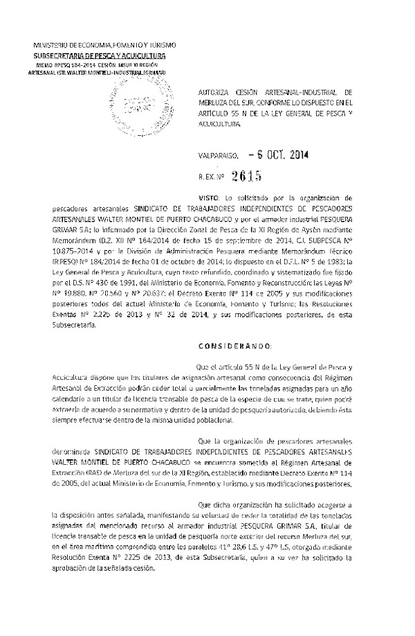 R EX N° 2615-2014 Autoriza Cesión Merluza del sur XI Región.