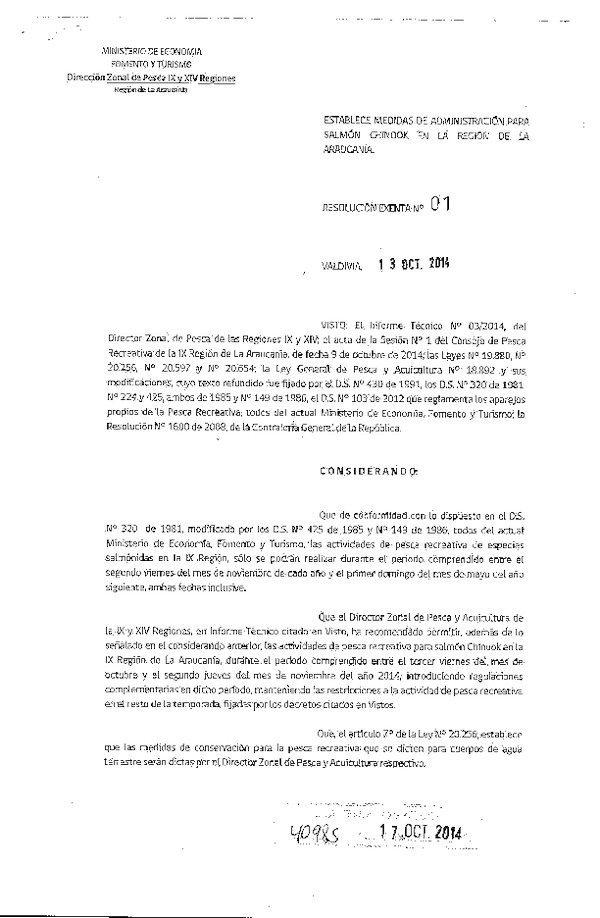 R EX Nº 1-2014 Establece Medidas de Administración para para Salmón Chinook (DZP IX-XIV) en Región de La Araucanía. (Publicada en Diario Oficial 17-10-2014)