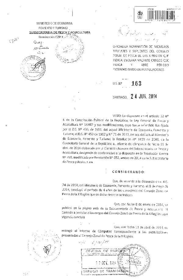 D.S. N° 163-2014 Oficializa Nominación de Consejeros del Consejo Zonal de Pesca X Región. (Publicado en Diario Oficial 25-10-2014)