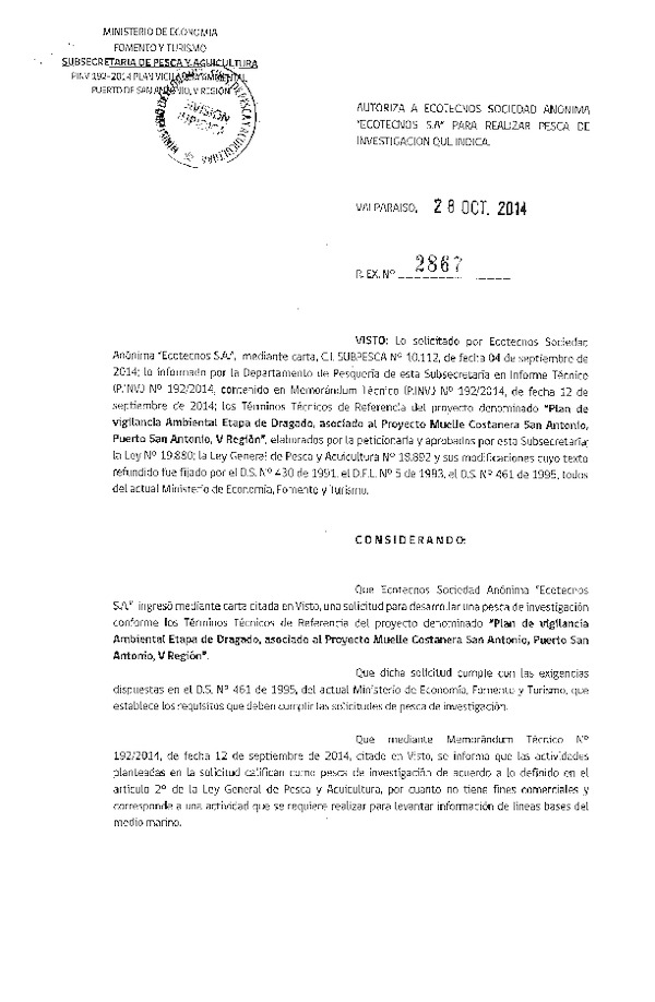 R EX N° 2867-2014 Plan de vigilancia ambiental Etapa de Dragado, asociado al Proyecto Muelle Costanera San Antonio, V Región.