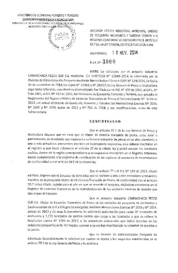 R EX N° 3000-2014 Autoriza Cesión Recurso Anchoveta y Sardina común, V-X a XIV Región.