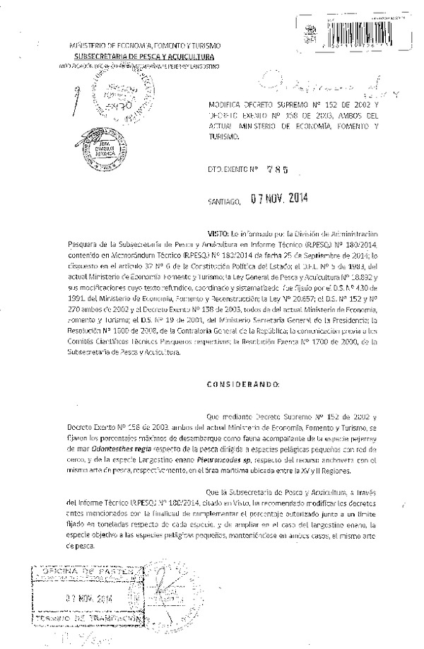 D EX N° 785-2014 Modifica D.S. N° 152-2002 y D EX N° 158-2003 Fauna Acompañante Pejerrey de mar y Langostino enano, XV-II Región. (Publicado en Diario Oficial 12-11-2014)