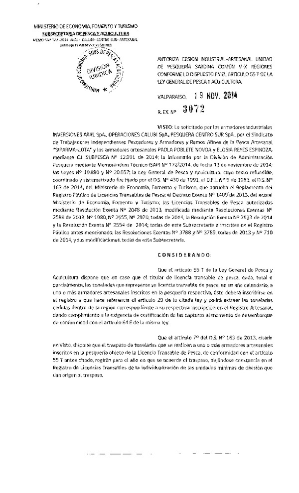 R EX N° 3072-2014 Autoriza Cesión Recurso Sardina común, V-X a VIII Región.