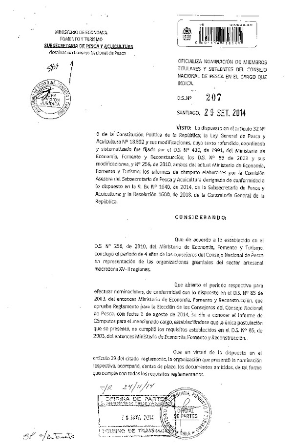 D.S. N° 207-2014 Oficializa Nominación de Miembros Titulares y Suplentes del Consejo Nacional de Pesca XV-I-II Región. (Publicado en Diario Oficial 02-12-2014)