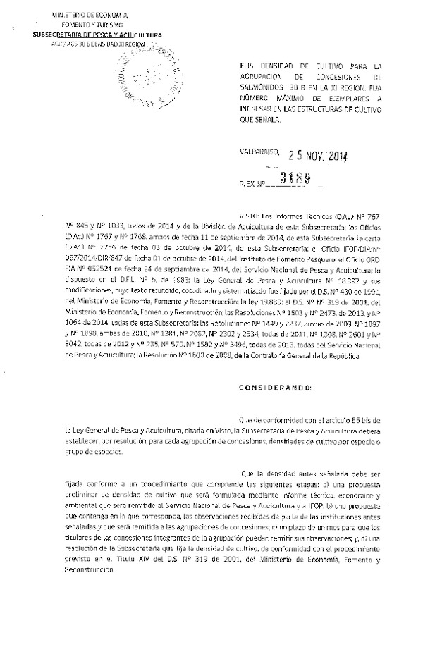 R EX N° 3189-2014 Fija densidad de cultivo para agrupación de concesión de salmónidos 30B XI REgión.