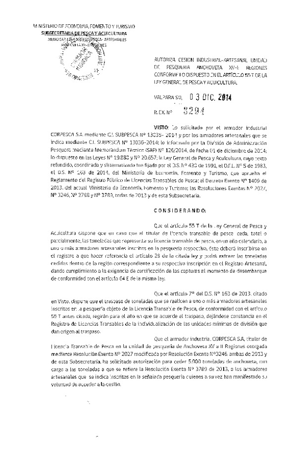 R EX N° 3294-2014 Autoriza Cesión Anchoveta, XV-II Región.
