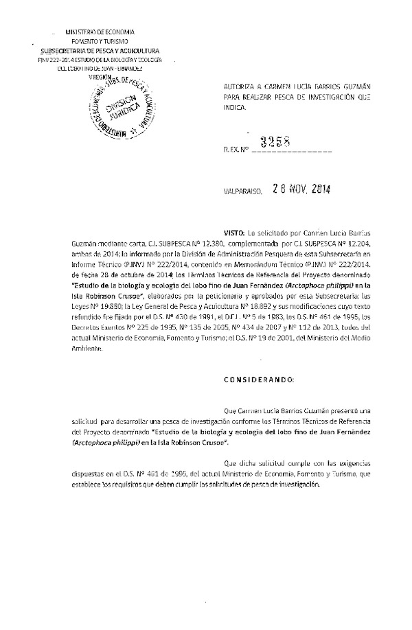 R EX N° 3258-2014 Estudio de la biología y ecología del lobo fino de Juan Fernández.