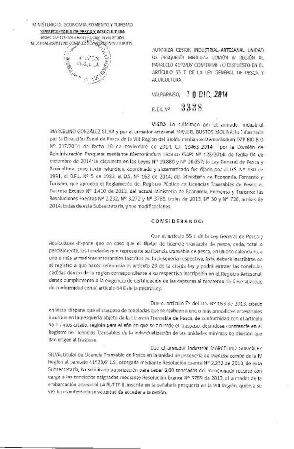 R EX N° 3338-2014 Autoriza Cesión Merluza común IV-X Región.