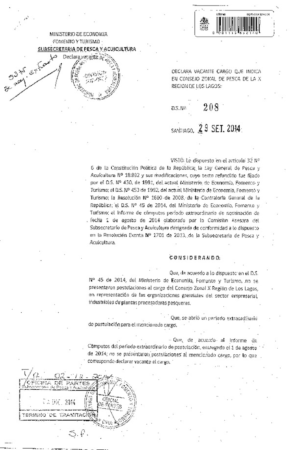 D.S. N° 208-2014 Declara Vacante Cargo Consejo Zonal de Pesca X Región. (Publicado en Diario Oficial 12-12-2014)
