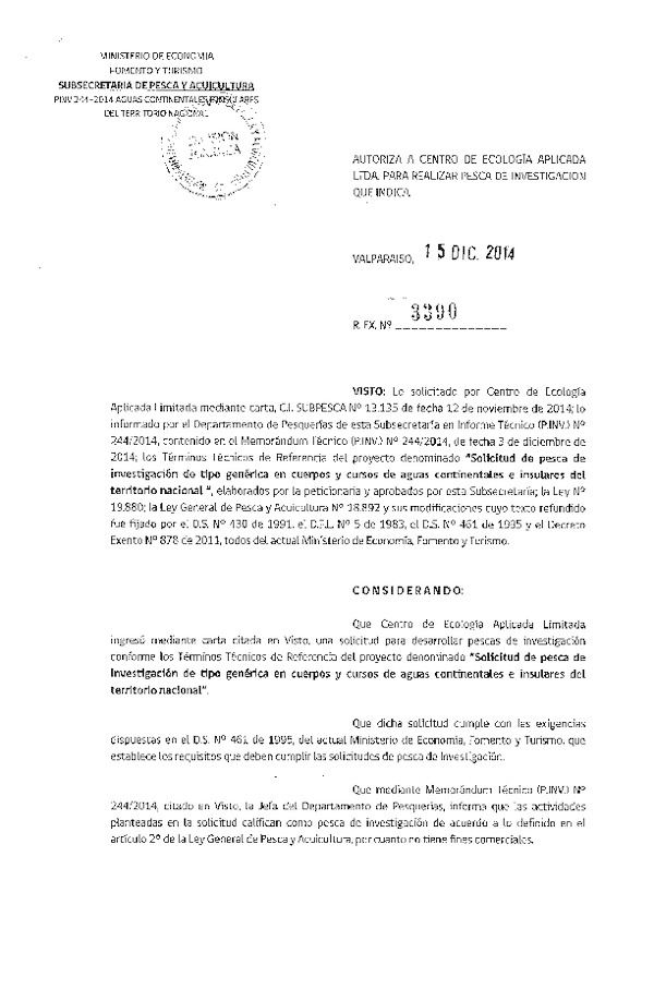 R EX N° 3390-2014 tIPO Genérica en cuerpos y cursoso de aguas continentales del territorio nacional.